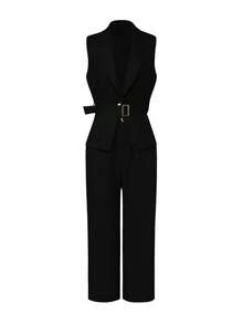 1 Set Solid Color Waist Belt & Suit Collar, Suitable For Office Wear, Spring/Summer Black - Black - View 3
