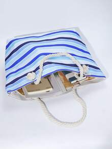 1 Túi Tote Đi Biển Sọc Xanh Trắng Dung Tích Lớn, Túi Du Lịch Đi Biển, Túi Tote Đi Biển Vải Canvas Sọc Xanh Lớn Có Quai Dây, Túi Đeo Vai Rộng Rãi Mùa Hè Cho Kỳ Nghỉ Đi Biển & Đồ Dùng Du Lịch. - Xanh và trắng - Xem 5