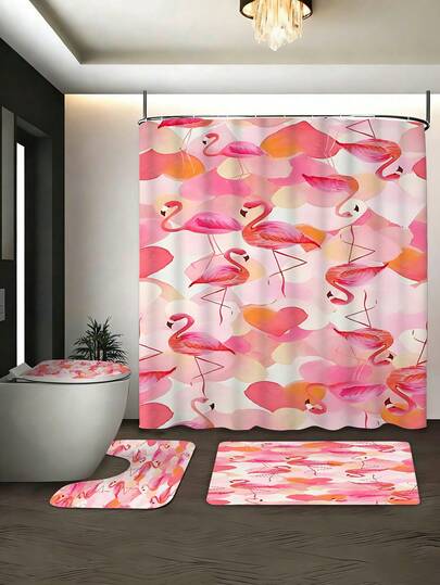 Bộ đồ dùng phòng tắm lãng mạn nhiệt đới hình chim hồng hạc (1/3/4 món), trang trí nhà cửa, rèm phòng tắm, bộ phụ kiện phòng tắm, bao gồm rèm tắm, bộ rèm phòng tắm. Rèm tắm nhiều kích cỡ và bộ đồ dùng đồng bộ, vải polyester bền, chống nấm mốc, bộ trang trí phòng tắm bao gồm rèm tắm, thảm chữ U cho bồn cầu, thảm chống trượt, bọc bồn cầu và 12 móc treo rèm tắm, thích hợp làm quà tặng Ngày của Mẹ, quà tặng mùa tựu trường.