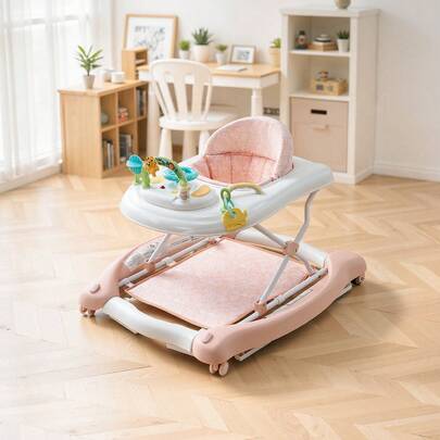 5-In-1 Baby Walker, Folding Baby Activity Center On Wheels, Height Adjustable Rocker Bouncer Walker With Comfortable High-Back Seat, Anti-Rollover Toddler Walking Helper For 6-24 Month Boy Girls