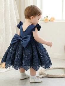 Cute Baby Girl Casual Minimalist Navy Blue Round Neck Sleeveless Backless Detachable Bow Tie Dress, Suitable For Birthday Party, Banquet, Performance, Wedding, Prom, Christening, Opening Ceremony And Other Occasions. Suitable For Baby Girls' Daily Wear, School, Travel, Vacation. - 寶藍色 - 查看 3