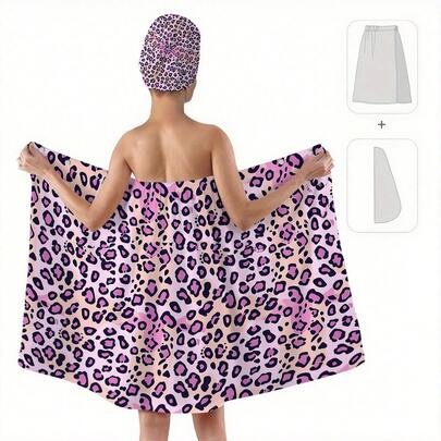 Bộ 1/2 áo choàng tắm và khăn trùm đầu họa tiết da báo màu tím - Chất liệu polyester mềm mại, thấm hút cao, bộ khăn tắm và áo choàng dành cho nữ, thích hợp cho tắm, xông hơi và spa, vật dụng thiết yếu cho phòng tắm, khăn tắm biển mùa hè.