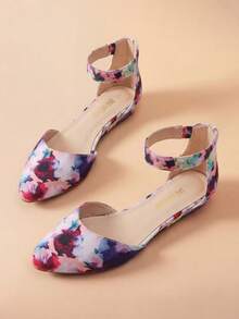Women Wedge Flats Pointed Toe Ankle Strap Dress Flats Comfortable Elegant Casual Commute Wedding Ballet Flats Shoes - 花/白 - 查看 2