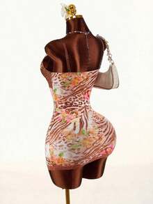 Amplova Lace Cup Detail Tropical Floral Mesh Bodycon Mini Dress Lace Trim Dress,Party Dress - Multicolor 2 - View 2