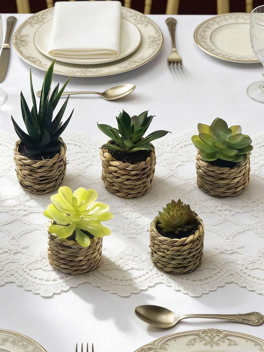 5 piezas de plantas suculentas artificiales, mini suculentas en macetas con macetero de paja trenzada, adecuadas para decoración de estilo granja interior, escritorio, oficina, habitación, estanterías