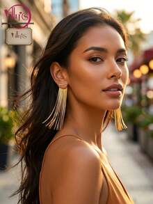1 par de pendientes con cadena de metal y borlas, pendientes de estilo minimalista elegante de moda para mujeres - Dorado - Ver 4