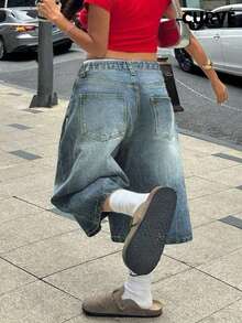 Quần jeans ống rộng lửng, cạp trung, không co giãn, kiểu dáng đường phố thường ngày mới của châu Âu và Mỹ dành cho nữ cỡ lớn, mùa xuân/hè. - Rửa nhẹ - Xem 1