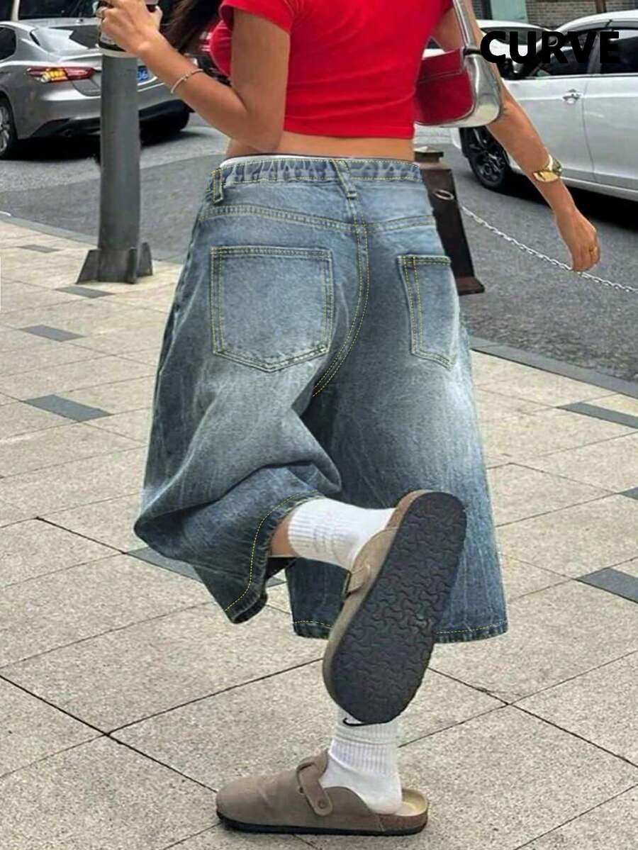 Quần jeans ống rộng lửng, cạp trung, không co giãn, kiểu dáng đường phố thường ngày mới của châu Âu và Mỹ dành cho nữ cỡ lớn, mùa xuân/hè. - Rửa nhẹ - Xem 1