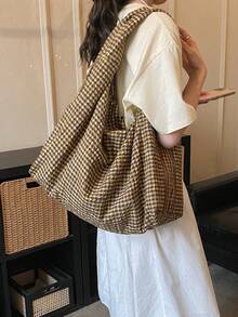 Retro Small Plaid Pleated Large Capacity Tote Bag, Loose Casual Style Versatile Shoulder Bag For Women, Artistic Mori Style Plaid Tote, Casual Versatile Shopping Cloth Bag, College Style Schoolbag For Students, Short Trip Travel Bag, Multi-Pocket Zoned Cloth Bag - Khaki - View 8