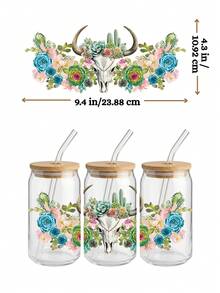 4件套 16盎司玻璃杯UV DTF转印贴纸（9.4x4.3英寸），无需加热，西部牛仔靴马吉他南方风情，长角牛头骨多肉植物花卉包装，防水摩擦贴纸DIY礼物 - Western Cowgirl 05 - 查看 6