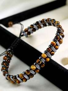 Pulsera hecha a mano de cuentas de piedra de ojo de tigre de doble capa, accesorio tejido de estilo punk hipoalergénico, adecuado para uso diario y como regalo - Multicolor - View 5