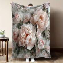 1pc Cartoon Flannel Blanket, Featuring A Pink Peony Floral Digital Print Design, Soft, Warm, And Comfortable For Sofa Beds And Offices, Perfect As A Small Throw Or Nap Blanket, An Ideal Gift For Friends And Family - A - 查看 1