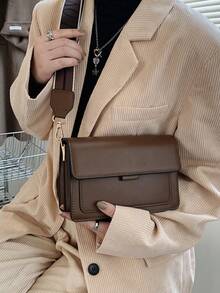 Fashionable Minimalist Flap Shoulder Strap Crossbody Bag - Coffee - View 4