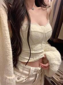 蕾丝吊带背心，带衬垫胸部，优雅上衣，可叠穿于西装外套内，法式钢圈胸衣，女士休闲夏季之选 - 杏色 - 查看 3