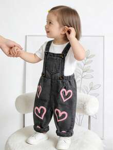 1 pieza Peto vaquero para bebé niña con estampado de corazón - Negro - Ver 9