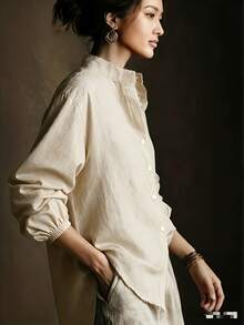 1pc Elegant Solid Color Polyester Women's Shirt, Suitable For Daily Wear, Home, Holidays, Spring/Summer - Apricot - View 4