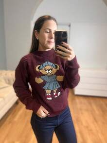 Women's Teddy Bear Knit Blouse, Long Sleeve, Embroidered Jacket, Mousse Yarn - 紅木色 - 查看 5