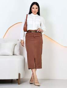Women's Elegant Tailored Midi Skirt With Belt - 鏽棕色 - 查看 3