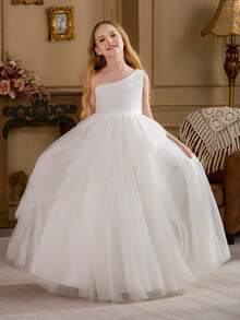 Robe élégante pour jeune fille, robe de demoiselle d'honneur, robe de princesse, convient pour l'anniversaire des enfants, le mariage de la demoiselle d'honneur, le bal de promo, les fêtes, les occasions spéciales - Blanc - Voir 2