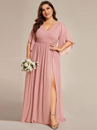 Plus Size Elegant V-Neck Ruffle Sleeve High Waist Fitted Long Dress, Bridesmaid Evening Gown