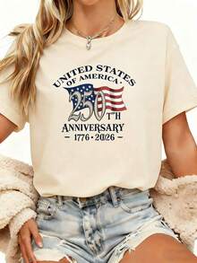 Women 250th Anniversary American Flag Tee, 1776-2026 250 Years Independence 4th Of July Casual Crew Neck Short Sleeve Graphic T Shirt - 杏色 - 查看 10