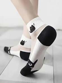 5 Pairs Women's Glass Silk Short Socks, Lightweight Crystal Silk Casual Socks For Summer, Breathable Black & White Cat Pattern Low-Cut Socks, Transparent Odor-Resistant Thin Mesh Ankle Socks For Girls - Multicolor - View 5