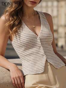 DONICY Chaleco de punto casual a rayas para mujer, con textura de tela, cuello en V, cierre con botones y diseño ajustado a la cintura, perfecto para capas en primavera y uso diario - Albaricoque - Ver 9