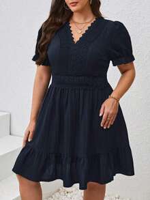 SHEIN VCAY Plus Size Lace Patchwork Puff Sleeve Summer Dress - 藏蓝色 - 查看 4