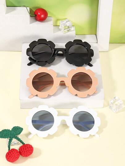 3 piezas Gafas de moda para niñas de 3 a 8 años, decoración con forma de flor linda, marco de PC ligero, estilo redondo floral dulce, ideal para sesiones de fotos, viajes a la playa y uso diario con estuche de gafas