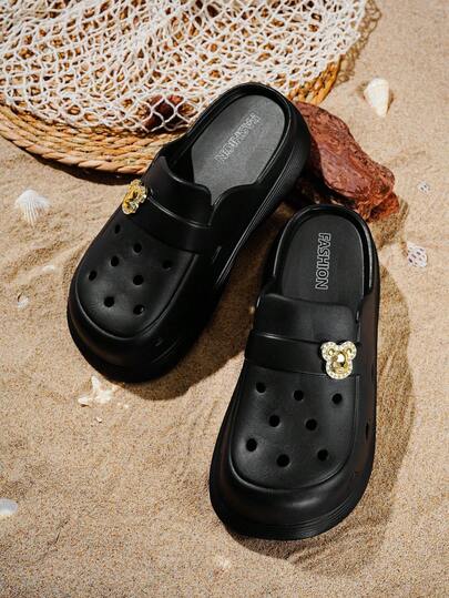  ASOFTER 2026 Black Perforated Slip-On Sandals, Platform Thick Sole Non-Slip Closed Toe Slides, Gold Bear Rhinestone Decor Flip Flops, Casual Beach Holiday Vacation Shoes, Suitable For Daily Commute, Shopping, And Beach