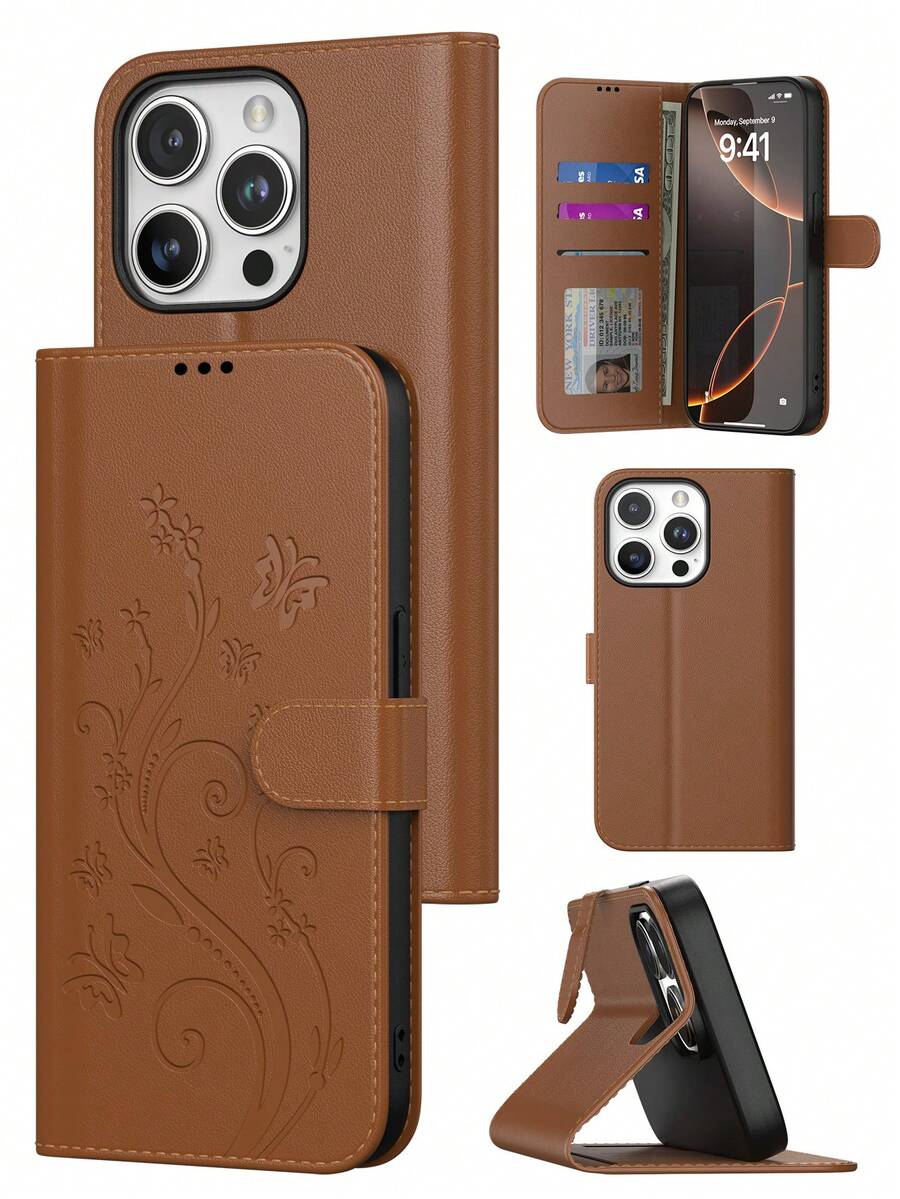 钱包式手机壳，兼容 17 Pro Max，卡槽式手机壳，适用于 13/11/16 Pro Max，日常使用，翻盖式手机壳，带蝴蝶压纹，适用于 Galaxy A56/A57，多功能时尚手机配件，钱包式翻盖手机壳，适用于 Galaxy S26 Ultra，Galaxy S25 Ultra 手机壳，可放置信用卡 - 棕色 - 查看 1