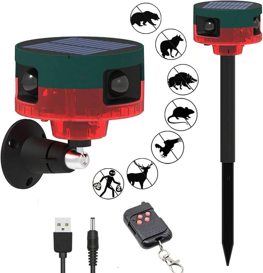 Solar Motion Sensor Alarm Repellent 360° Motion Detector Loud Siren LED Light IP55 Waterproof With High Volume Remote Control Voice Recording For Farm Home Barn - Black - View 1