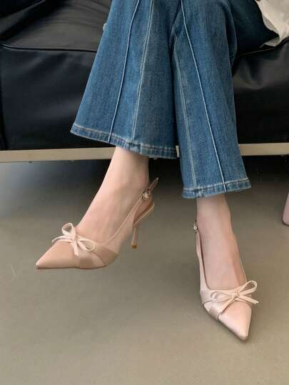 Giày sandal cao gót nơ màu sâm panh, giày cao gót mũi kín mùa hè dành cho nữ, giày dự tiệc, cưới, phù dâu gợi cảm.