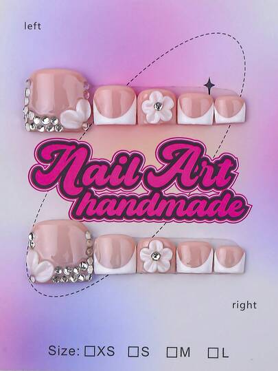 一套10片闪亮方形美甲贴片，粉白手工美甲贴片，多功能手工3D花朵造型，粉色花瓣，粉色法式尖头设计，金色小钢珠点缀，闪亮水钻和白色仿珍珠装饰，优雅性感风格，适合女性宴会场合，适合女性和女孩，可用于派对、婚礼、日常佩戴，包含工具包。手工美甲贴片。夏季美甲贴片。短款美甲贴片。假指甲。美甲用品 美甲用品 手工美甲贴片
