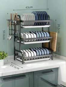 Étagère de cuisine à 3 niveaux avec drainage rapide, comprenant un support pour couteaux et fourchettes, un support pour planche à découper, un rack de rangement multifonction pour bols et assiettes, un cadre métallique élégant, un organisateur de cuisine durable - Noir - Voir 4