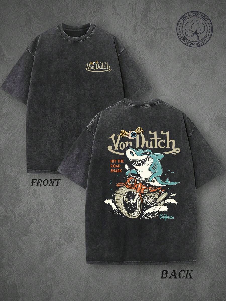 Vons Dutchs Hit The Road Shark Motorcycle Vintage Washed Cotton T-Shirt, Flying Eyeball Hot Rod Vintage Washed T-Shirt, Retro Kustom Kulture Graphic Tee, Double-Sided Print, High Quality T-Shirt, Classic Washed Shirt, Washed Pure Cotton T-Shirt, Casual Style, Perfect Gift Choice, Comfortable, Fashion Street Style Pure Cotton T-Shirt. And A Thoughtful Personalized Gift For Family And Friends. Suitable For Everyday Summer Wear, Outdoor Leisure And Back-To-School Outfits. - màu đen - Xem 1