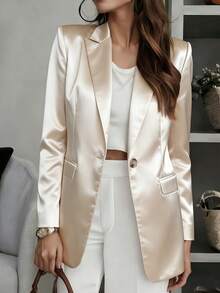 女士丝滑缎面单排扣长袖外套，带口袋，修身剪裁，优雅服饰 - 杏色 - 查看 1