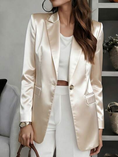 女士丝滑缎面单排扣长袖外套，带口袋，修身剪裁，优雅服饰