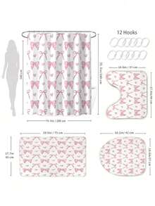 1/4 件套可爱粉色蝴蝶结浴帘，现代时尚浴室帘套装，包含防水浴帘、防滑地垫、马桶盖套、浴垫和 12 个塑料挂钩，可机洗，提花编织防水涤纶面料 - A - 查看 7