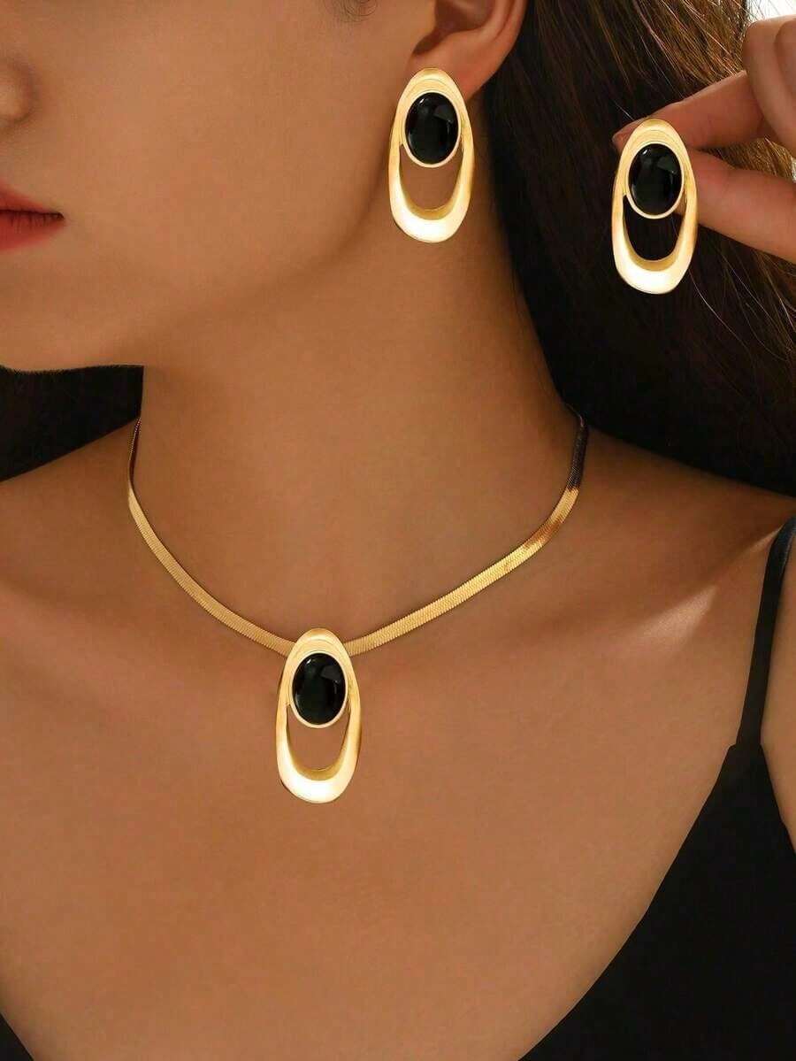 3pcs Elegant Creative Necklace + Earrings Jewelry Set, Fashionable Personalized Metal Geometric Asymmetrical Oval Golden Pendant Necklace With Black Acrylic Color Block Design, Versatile For Daily, Festivals, Parties J7YA - 金色 - 查看 1