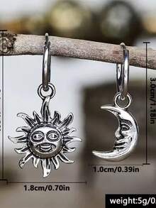 Bông tai mặt dây chuyền hình mặt cười, mặt trời và mặt trăng phong cách Bohemian cổ điển, bông tai dự tiệc độc đáo dành cho nữ. - Bạc - Xem 2