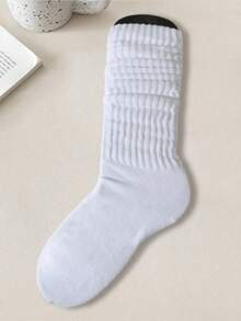 3 paires de chaussettes plissées polyvalentes pour femmes, printemps/été. Chaussettes style coréen/japonais Lolita minimaliste décontracté, chaussettes hautes unies jusqu'au genou (chaussettes uniquement, sans planche à chaussettes) - Blanc - Voir 2