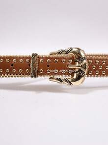Women's Western Belt 2.8cm With Gold Studs And Vintage Buckle - 鏽棕色 - 查看 2