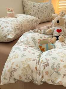 Bộ 4 món ga trải giường in họa tiết lá cây lấy cảm hứng từ thiên nhiên, chất liệu sợi mềm mại và thoải mái, hai lớp vải gạc (1 ga trải giường + 1 ga phủ + 2 vỏ gối, không kèm ruột chăn, họa tiết vỏ gối được cắt ngẫu nhiên) - Màu cà phê - Xem 3