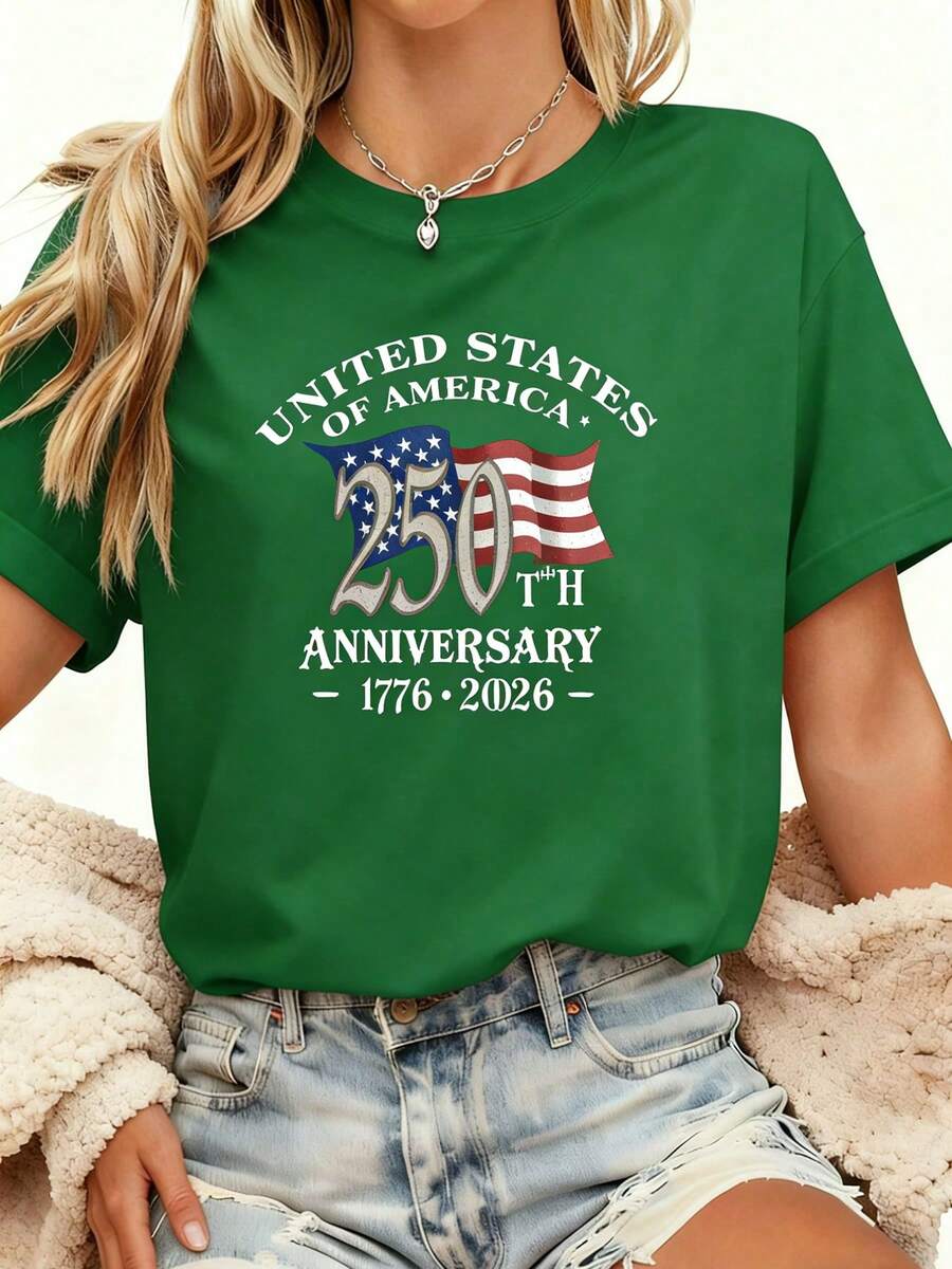 250th Anniversary American Flag T-Shirt & Light Blue Denim Shorts - Heavyweight 250 Years Of Independence Celebration, Soft Crew Neck Casual Shorts Suitable For Men & Women, 4th Of Outfit, Machine Washable,Women's Graphic Round Neck Short Sleeve Tee, Casual Daily Tops, St. Patrick's Day Easter Holiday Outfits - màu xanh lá - Xem 1
