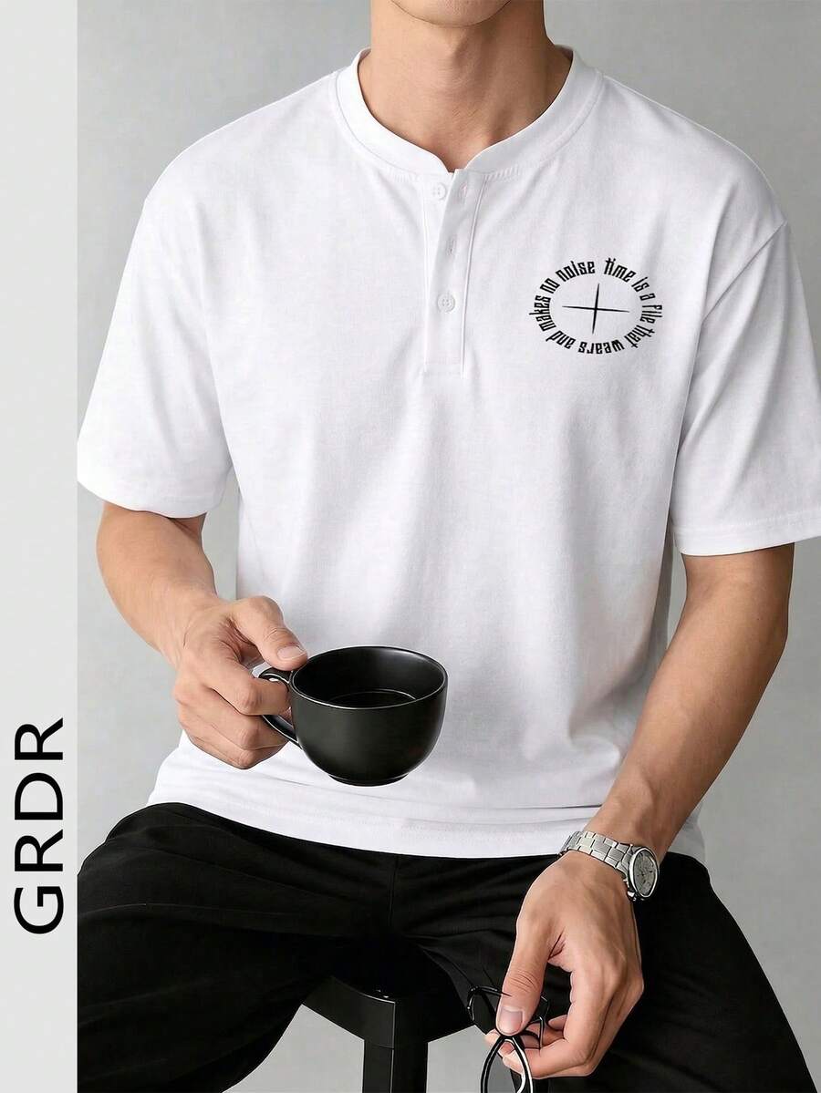 GRDR 男士印花经典纯色亨利领短袖衬衫，休闲必备单品，夏季衣橱必备 - 白色 - 查看 1