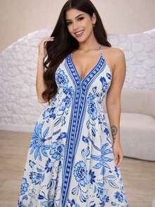 Long  Resort Dress With Deep Neckline And Back Tie - Summer Collection - Women's Fashion - 霧霾藍 - 查看 3