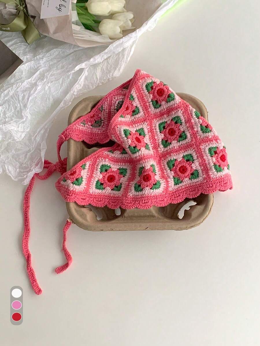 夏季海滩防晒头巾，女士波西米亚风度假装扮，手工针织三角围巾，发带，花卉头巾，复古法式针织头巾，可爱花卉三角围巾发带，适合夏季度假、拍照，甜美防晒夏季发饰，海滩度假发带 - 彩色 - 查看 1
