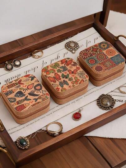 1个复古印花首饰盒，可收纳耳环、戒指、项链，旅行收纳盒，优雅印花首饰盒，多功能首饰收纳盒，拉链式便捷首饰袋，精致化妆品和口红收纳袋，母亲节礼物，女孩礼物，手提包收纳，大容量首饰盒