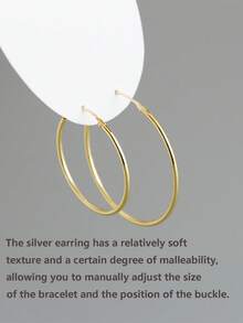 HuooNew 一对简约时尚百搭的925纯银镀金轻盈圆形耳环，简约圆形设计，银饰，女士礼物 - 金黃色 - 查看 2